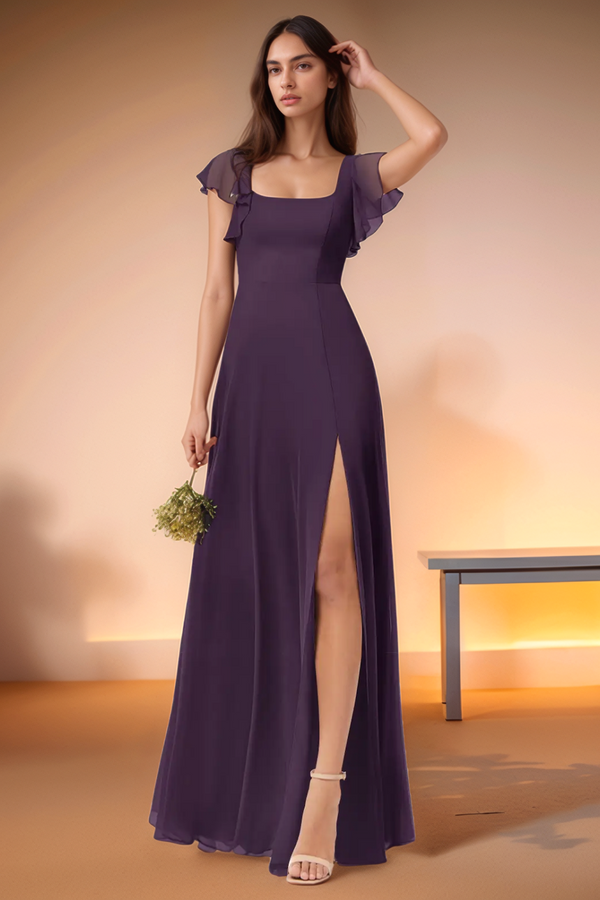 Sheath Square Neck Cap Sleeves High Side Slit and Train Chiffon Bridesmaid Dress WB1013