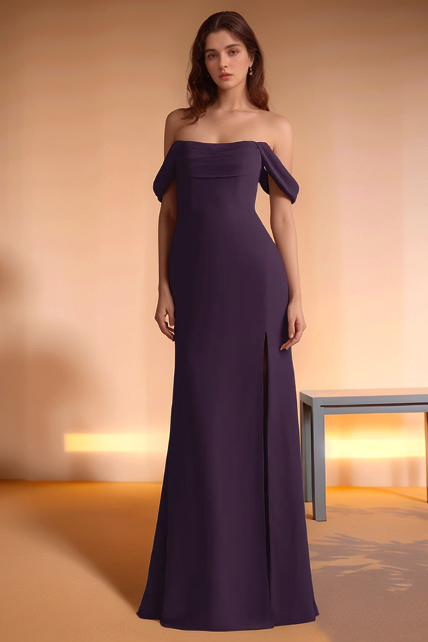 Sheath Off Shoulder Sleeveless Pleated High Side Slit and Train Bridesmaid Dress WB1016