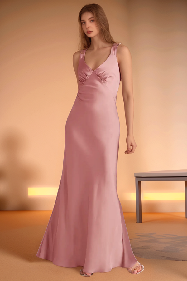 Sheath V Neck Straps Sleeveless Pleated Criss Cross Straps Bridesmaid Dress WB1021