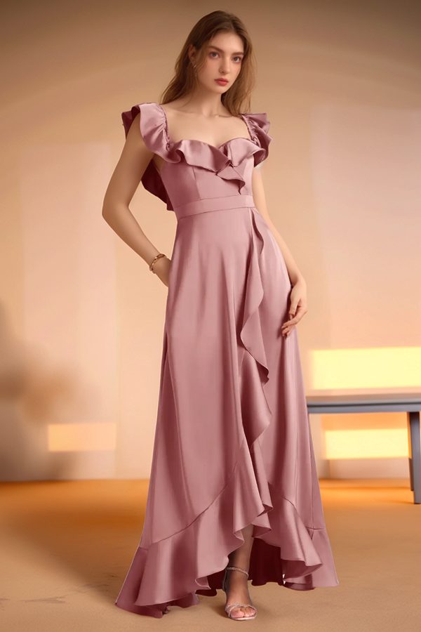 A-Line Square Neck Off Shoulder Sleeveless Ruffles Bridesmaid Dress with Pocket WB1022