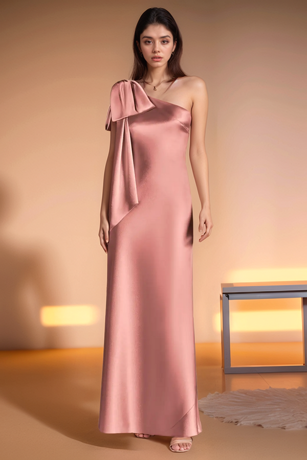 Sheath One Shoulder Sleeveless Pleated Bow Knot Bridesmaid Dress WB1023