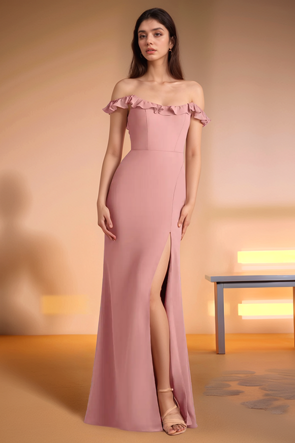 Sheath Off Shoulder Sleeveless Ruffles High Side Slit Bridesmaid Dress WB1024