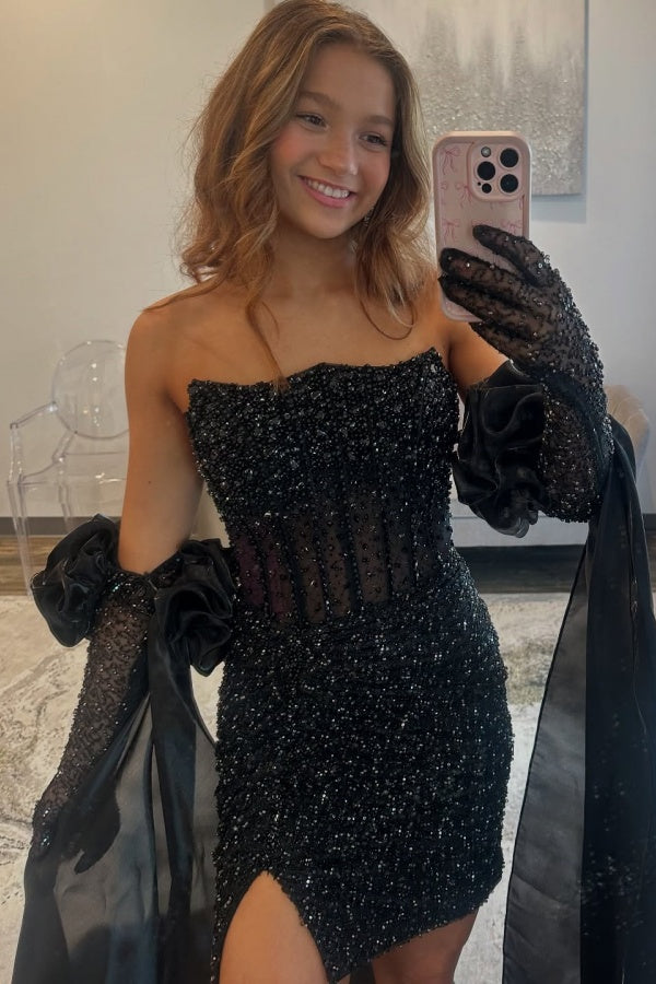 Sheath Boat Neck Backless Fully Beaded Homecoming Dress with Gloves WH1092