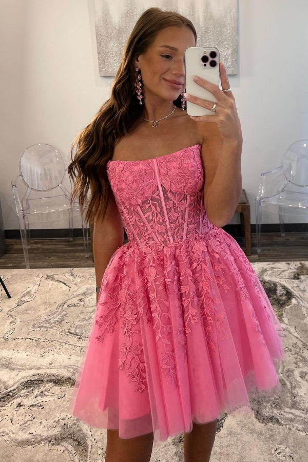 A-Line Boat Neck Beaded Appliques Tulle Homecoming Dress WH1095