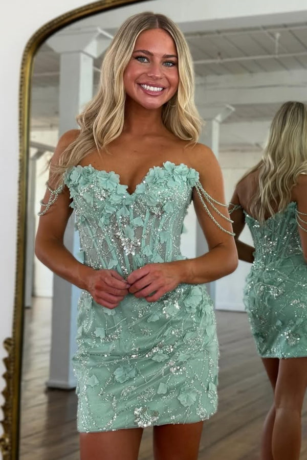 Sheath Off Shoulder 3D Flower Appliques Beaded Mint Green Homecoming Dress WH1115