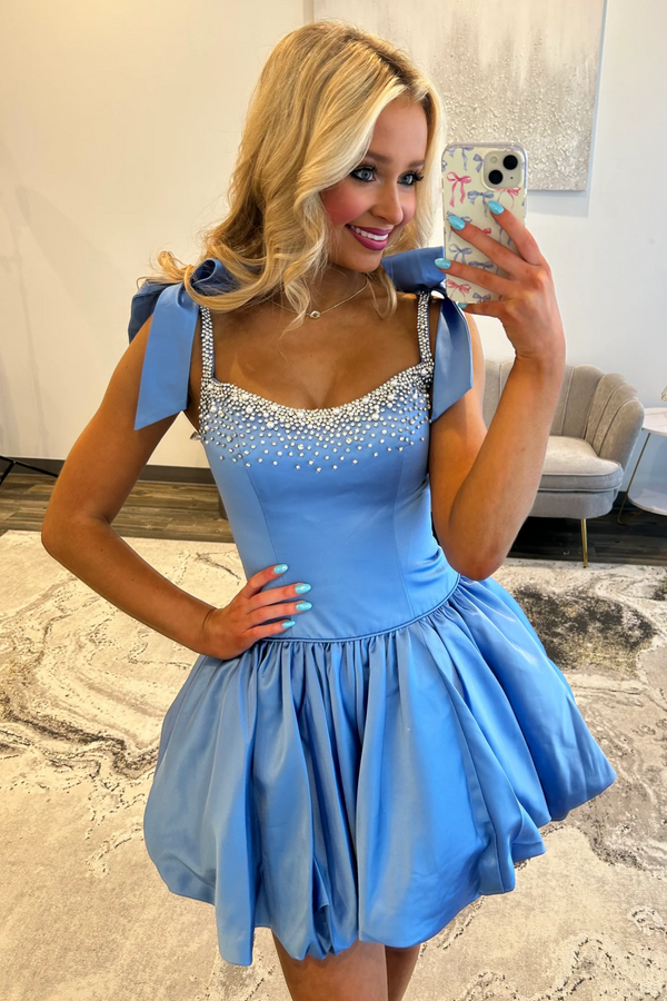 A-Line Sweetheart Straps Beaded Bow Knot Blue Homecoming Dress WH1117