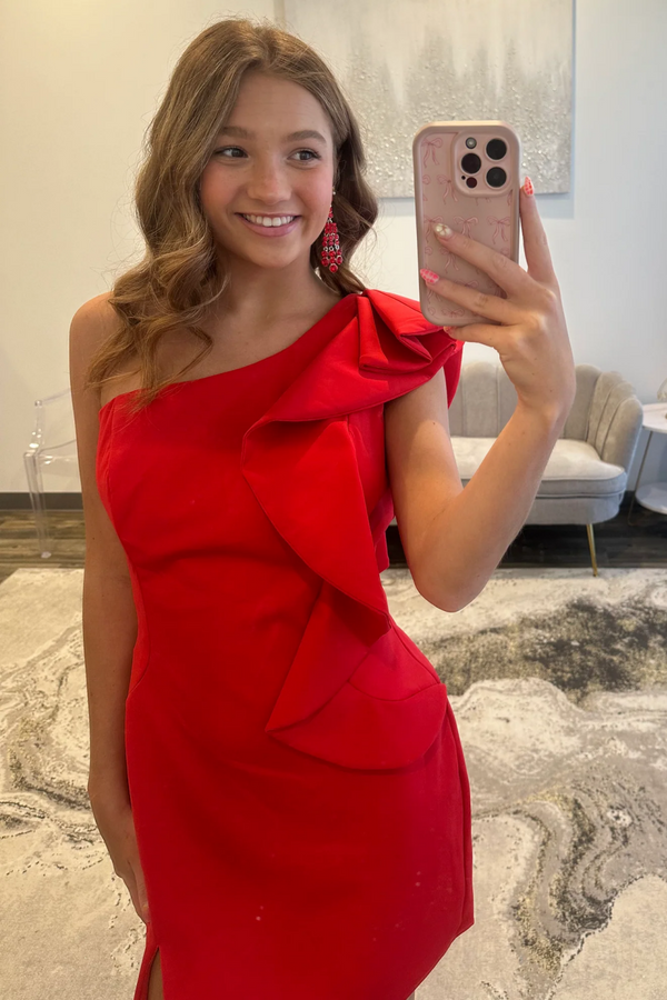 Sheath One Shoulder Ruffles Pleated Red Homecoming Dress WH1118