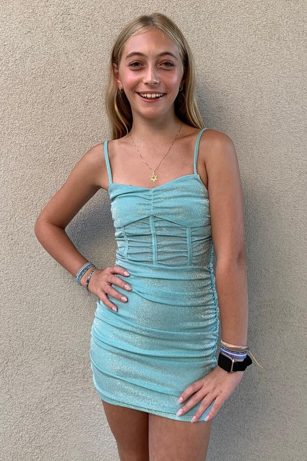 Sheath Square Neck Spaghetti Straps Sleeveless Glitter Homecoming Dress WH1131