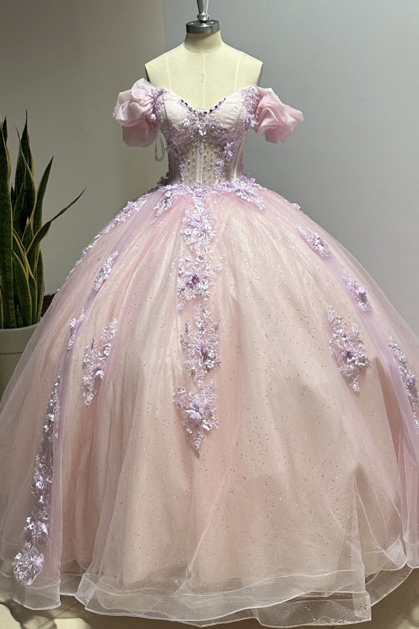 Langes Quinceanera-Kleid mit Herzausschnitt für Damen, trägerloses Korsett mit Blumenapplikationen, Perlenbesetztes Tüll-Ballkleid 