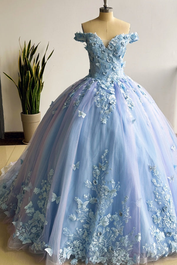 Langes Quinceanera-Kleid mit Herzausschnitt für Damen, trägerloses Korsett mit Blumenapplikationen, Perlenbesetztes Tüll-Ballkleid 