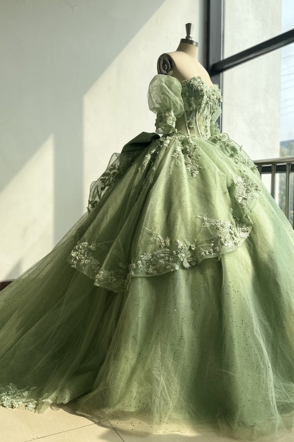 Off Shoulder Detachable Sleeves Green Sweet 16 Quinceanera Dress with Appliques Beaded Ruffles Bow Knot WQ1352