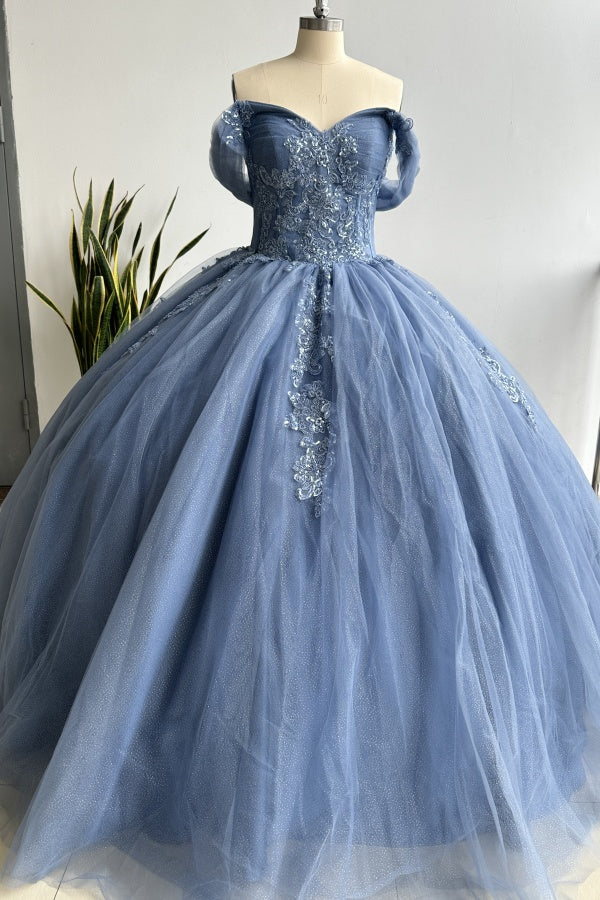 Langes Quinceanera-Kleid mit Herzausschnitt für Damen, trägerloses Korsett mit Blumenapplikationen, Perlenbesetztes Tüll-Ballkleid 