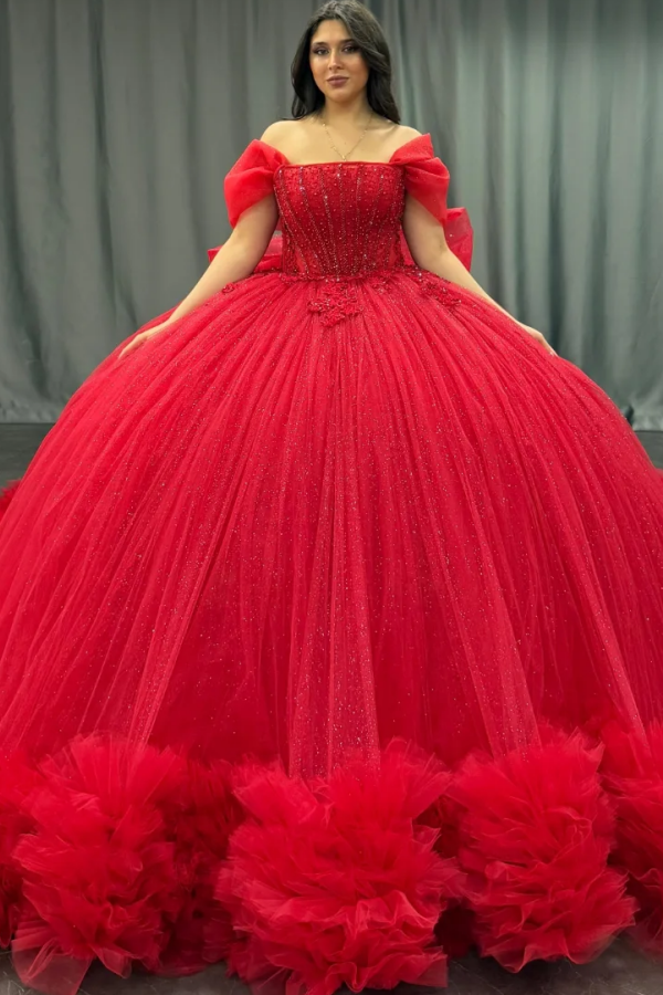 Langes Quinceanera-Kleid mit Herzausschnitt für Damen, trägerloses Korsett mit Blumenapplikationen, Perlenbesetztes Tüll-Ballkleid 