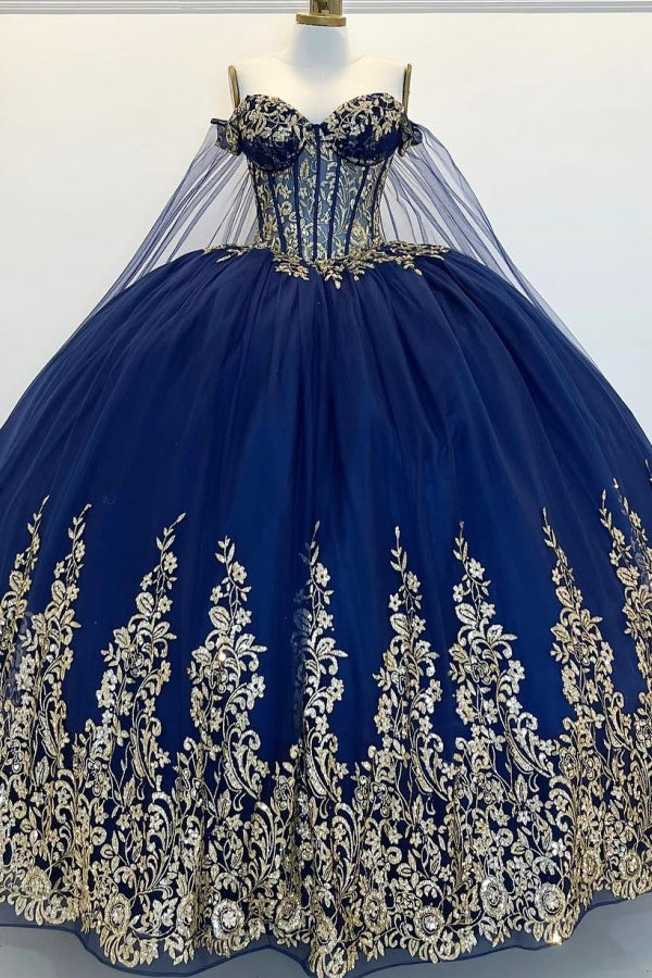 Langes Quinceanera-Kleid mit Herzausschnitt für Damen, trägerloses Korsett mit Blumenapplikationen, Perlenbesetztes Tüll-Ballkleid 