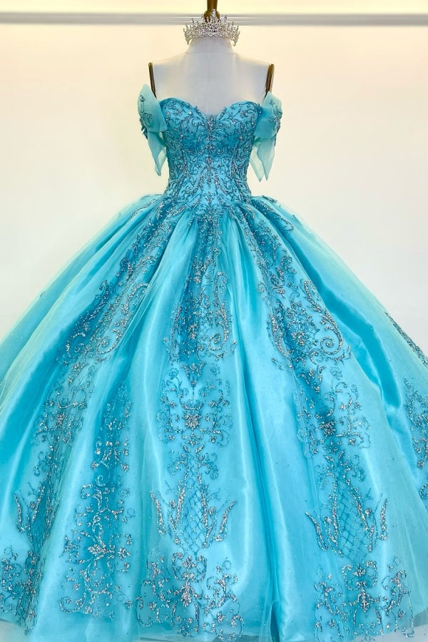 Langes Quinceanera-Kleid mit Herzausschnitt für Damen, trägerloses Korsett mit Blumenapplikationen, Perlenbesetztes Tüll-Ballkleid 
