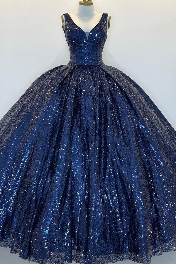 V Neck Straps Sleeveless Lace Up Dark Navy Sequins Sweet 15 Quinceañera Dress WQ1504