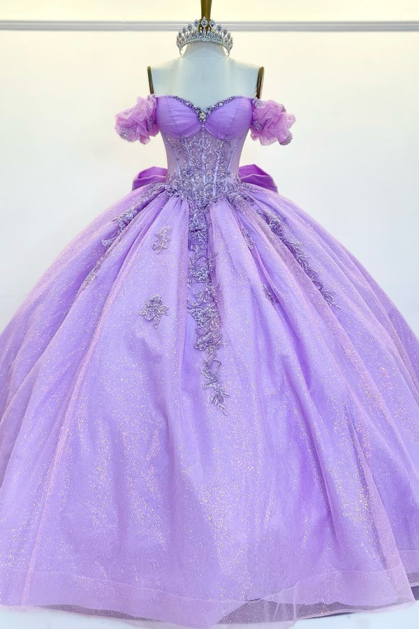 Langes Quinceanera-Kleid mit Herzausschnitt für Damen, trägerloses Korsett mit Blumenapplikationen, Perlenbesetztes Tüll-Ballkleid 