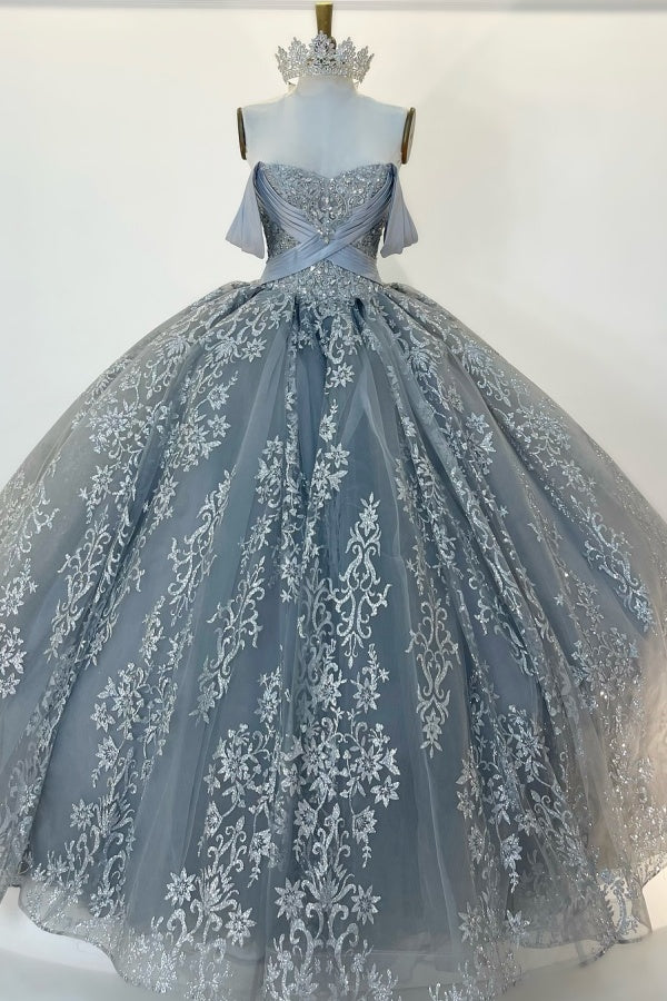 Langes Quinceanera-Kleid mit Herzausschnitt für Damen, trägerloses Korsett mit Blumenapplikationen, Perlenbesetztes Tüll-Ballkleid 