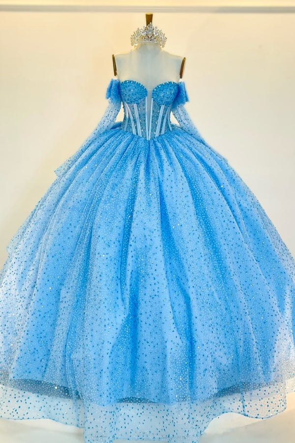 WQ1450 - Vestido de fiesta sin tirantes, sin mangas, con cuentas, volantes, lentejuelas, tul, capas, tul brillante, vestido de quinceañera, vestido de fiesta de cumpleaños, vestido formal de noche para dulces 16
