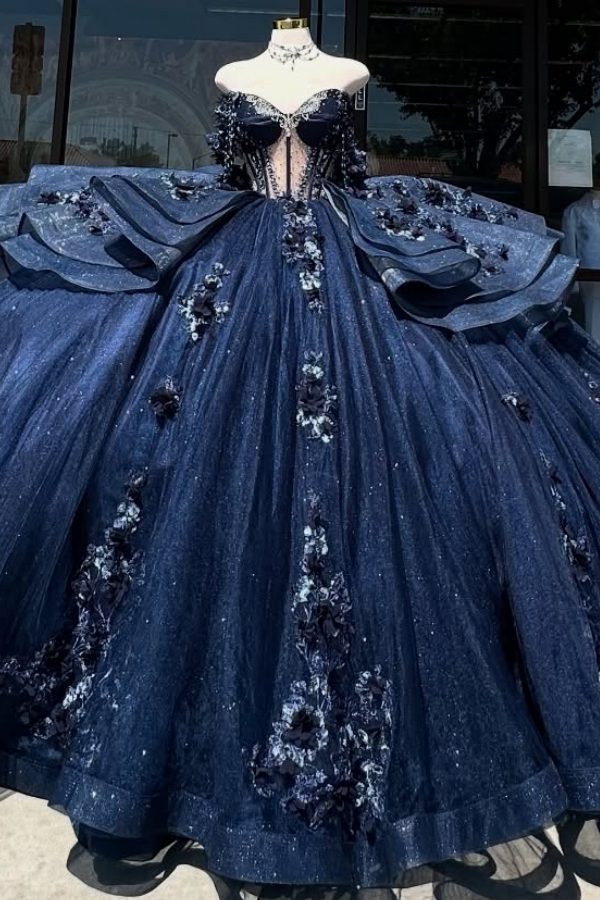 Off Shoulder Sleeveless Navy Sweet 15 Quinceañera Dress with Beaded 3D Flower Appliques WQ1506