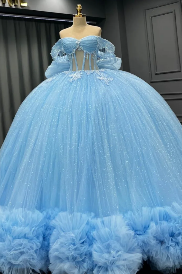 Langes Quinceanera-Kleid mit Herzausschnitt für Damen, trägerloses Korsett mit Blumenapplikationen, Perlenbesetztes Tüll-Ballkleid 