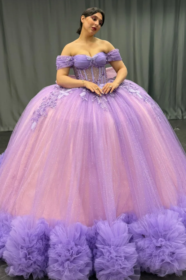 Langes Quinceanera-Kleid mit Herzausschnitt für Damen, trägerloses Korsett mit Blumenapplikationen, Perlenbesetztes Tüll-Ballkleid 