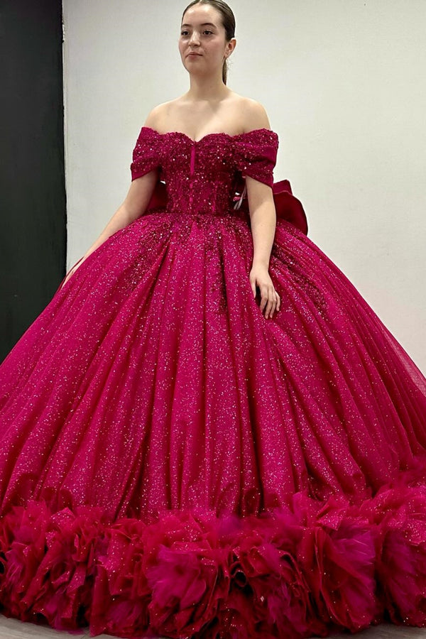 Langes Quinceanera-Kleid mit Herzausschnitt für Damen, trägerloses Korsett mit Blumenapplikationen, Perlenbesetztes Tüll-Ballkleid 