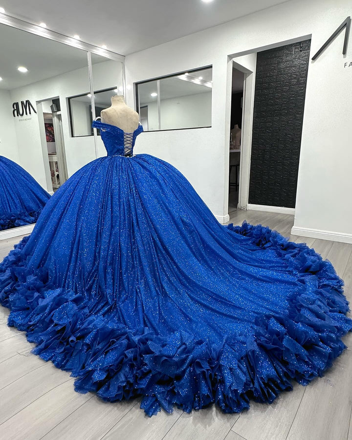 Crying Ruffles Off Shoulder Sleeveless Royal Blue Sweet 15 Quinceañera Dress with Cry ...