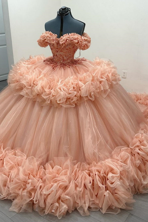 Langes Quinceanera-Kleid mit Herzausschnitt für Damen, trägerloses Korsett mit Blumenapplikationen, Perlenbesetztes Tüll-Ballkleid 