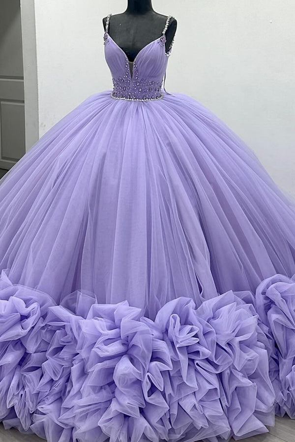 V Neck Spaghetti Straps Sleeveless Beaded Ruffles Tiered Purple Sweet 15 Quinceañera Dress WQ1514