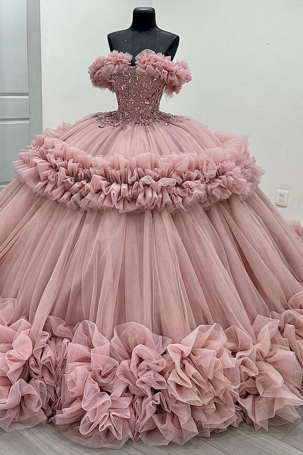 Langes Quinceanera-Kleid mit Herzausschnitt für Damen, trägerloses Korsett mit Blumenapplikationen, Perlenbesetztes Tüll-Ballkleid 