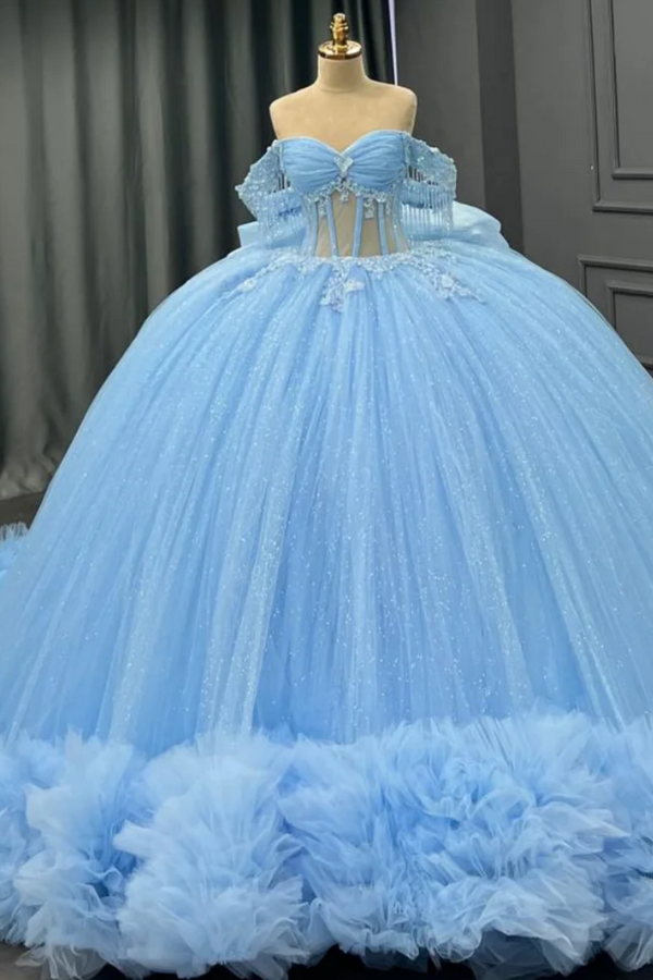 Langes Quinceanera-Kleid mit Herzausschnitt für Damen, trägerloses Korsett mit Blumenapplikationen, Perlenbesetztes Tüll-Ballkleid 
