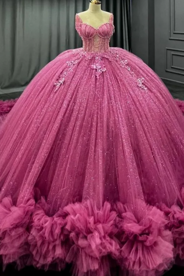 WQ1450 - Vestido de fiesta sin tirantes, sin mangas, con cuentas, volantes, lentejuelas, tul, capas, tul brillante, vestido de quinceañera, vestido de fiesta de cumpleaños, vestido formal de noche para dulces 16