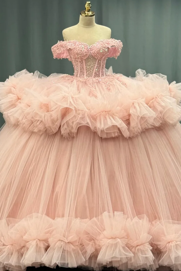 Langes Quinceanera-Kleid mit Herzausschnitt für Damen, trägerloses Korsett mit Blumenapplikationen, Perlenbesetztes Tüll-Ballkleid 