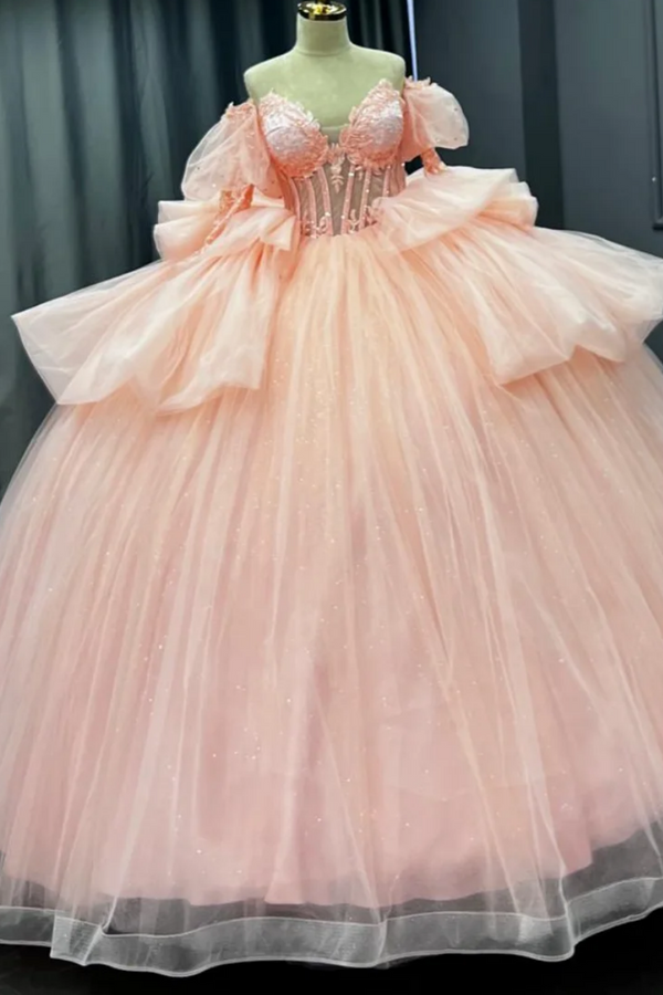 WQ1450 - Vestido de fiesta sin tirantes, sin mangas, con cuentas, volantes, lentejuelas, tul, capas, tul brillante, vestido de quinceañera, vestido de fiesta de cumpleaños, vestido formal de noche para dulces 16