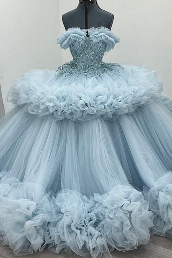 Langes Quinceanera-Kleid mit Herzausschnitt für Damen, trägerloses Korsett mit Blumenapplikationen, Perlenbesetztes Tüll-Ballkleid 