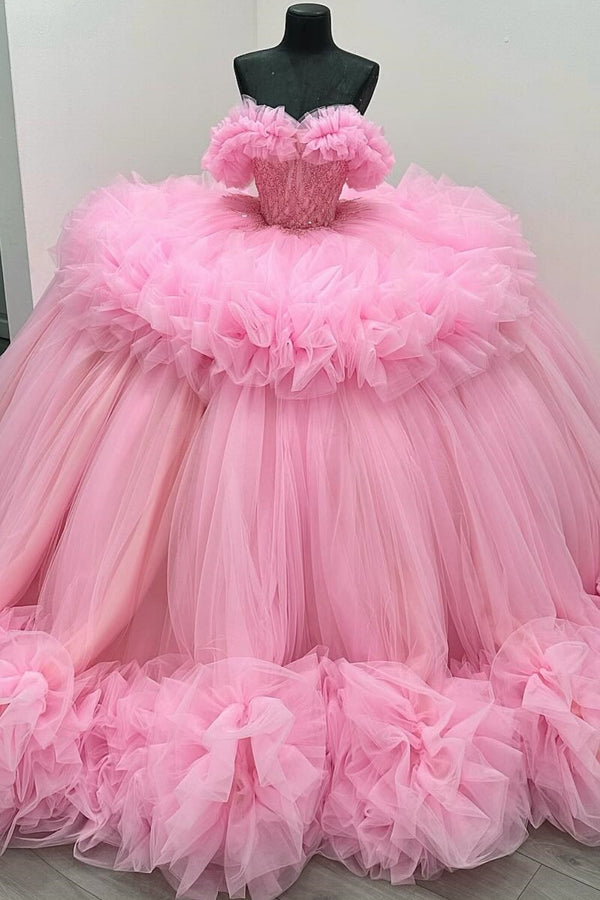 Langes Quinceanera-Kleid mit Herzausschnitt für Damen, trägerloses Korsett mit Blumenapplikationen, Perlenbesetztes Tüll-Ballkleid 