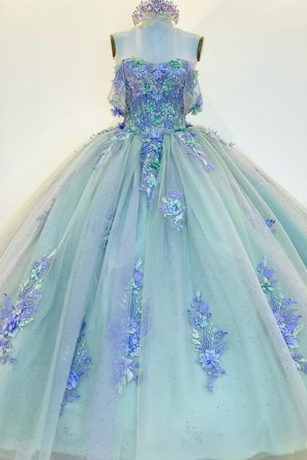 Langes Quinceanera-Kleid mit Herzausschnitt für Damen, trägerloses Korsett mit Blumenapplikationen, Perlenbesetztes Tüll-Ballkleid 