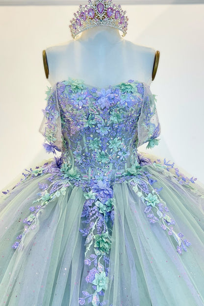 Langes Quinceanera-Kleid mit Herzausschnitt für Damen, trägerloses Korsett mit Blumenapplikationen, Perlenbesetztes Tüll-Ballkleid 