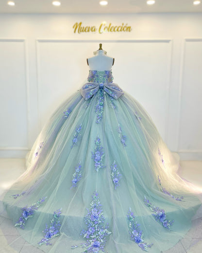 Langes Quinceanera-Kleid mit Herzausschnitt für Damen, trägerloses Korsett mit Blumenapplikationen, Perlenbesetztes Tüll-Ballkleid 
