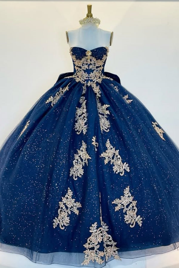 Langes Quinceanera-Kleid mit Herzausschnitt für Damen, trägerloses Korsett mit Blumenapplikationen, Perlenbesetztes Tüll-Ballkleid 