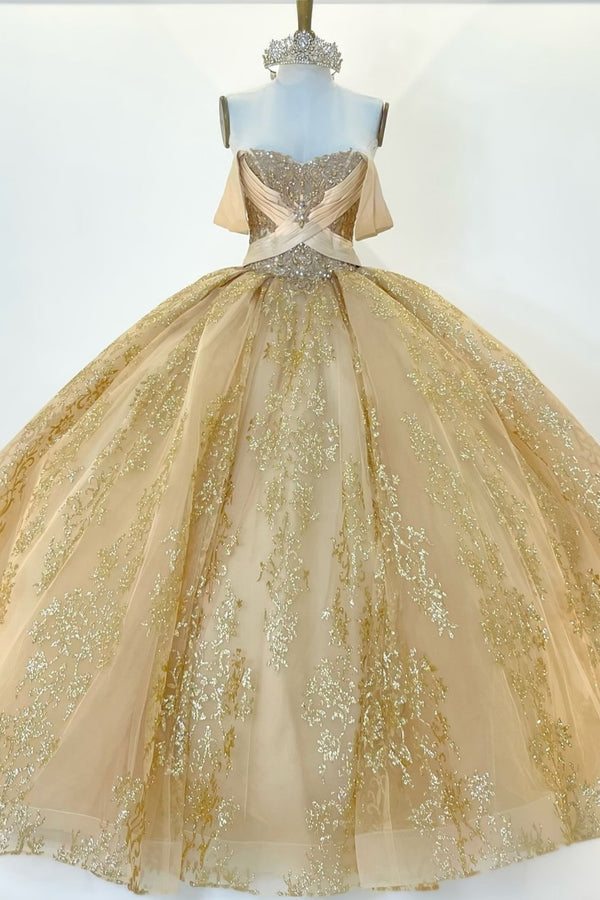 Langes Quinceanera-Kleid mit Herzausschnitt für Damen, trägerloses Korsett mit Blumenapplikationen, Perlenbesetztes Tüll-Ballkleid 