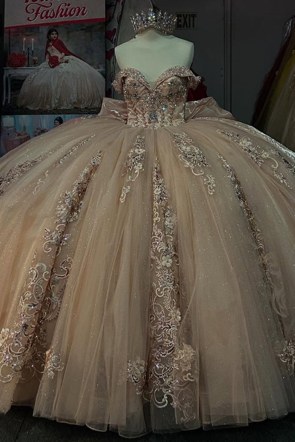 Off Shoulder SleevelessChampagne Sweet 15 Quinceañera Dress with  Beaded Appliques Bow Knot WQ1526