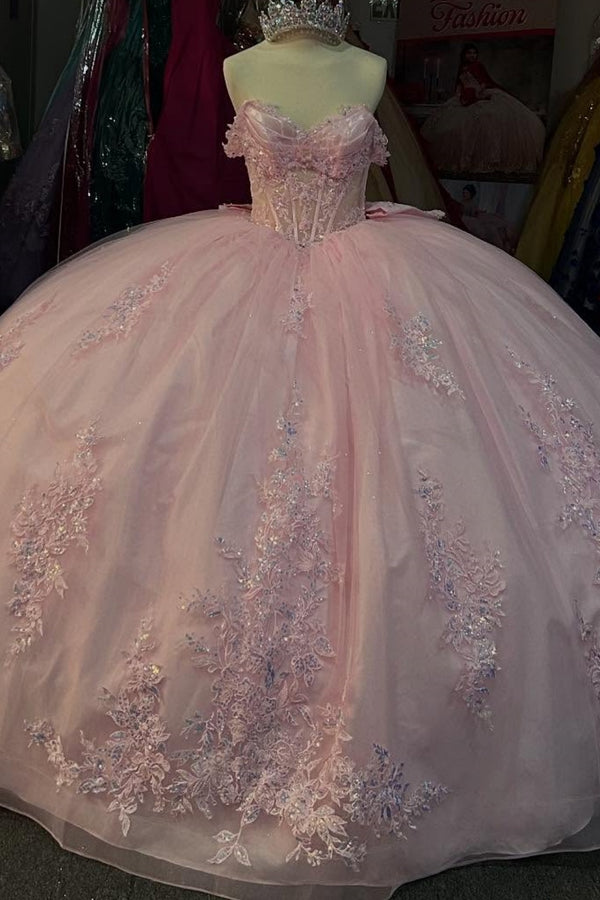 Langes Quinceanera-Kleid mit Herzausschnitt für Damen, trägerloses Korsett mit Blumenapplikationen, Perlenbesetztes Tüll-Ballkleid 
