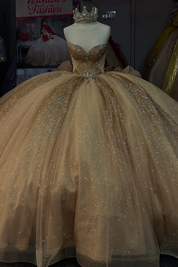 Langes Quinceanera-Kleid mit Herzausschnitt für Damen, trägerloses Korsett mit Blumenapplikationen, Perlenbesetztes Tüll-Ballkleid 
