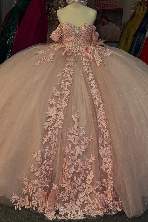 Langes Quinceanera-Kleid mit Herzausschnitt für Damen, trägerloses Korsett mit Blumenapplikationen, Perlenbesetztes Tüll-Ballkleid 