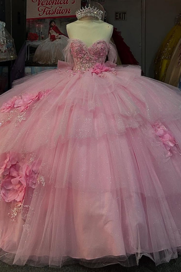 Langes Quinceanera-Kleid mit Herzausschnitt für Damen, trägerloses Korsett mit Blumenapplikationen, Perlenbesetztes Tüll-Ballkleid 