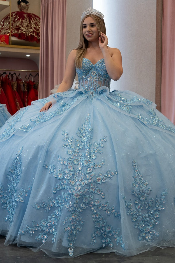 Langes Quinceanera-Kleid mit Herzausschnitt für Damen, trägerloses Korsett mit Blumenapplikationen, Perlenbesetztes Tüll-Ballkleid 