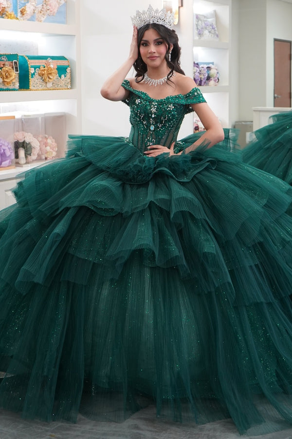 Langes Quinceanera-Kleid mit Herzausschnitt für Damen, trägerloses Korsett mit Blumenapplikationen, Perlenbesetztes Tüll-Ballkleid 