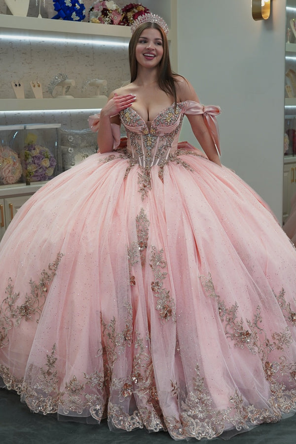 Langes Quinceanera-Kleid mit Herzausschnitt für Damen, trägerloses Korsett mit Blumenapplikationen, Perlenbesetztes Tüll-Ballkleid 